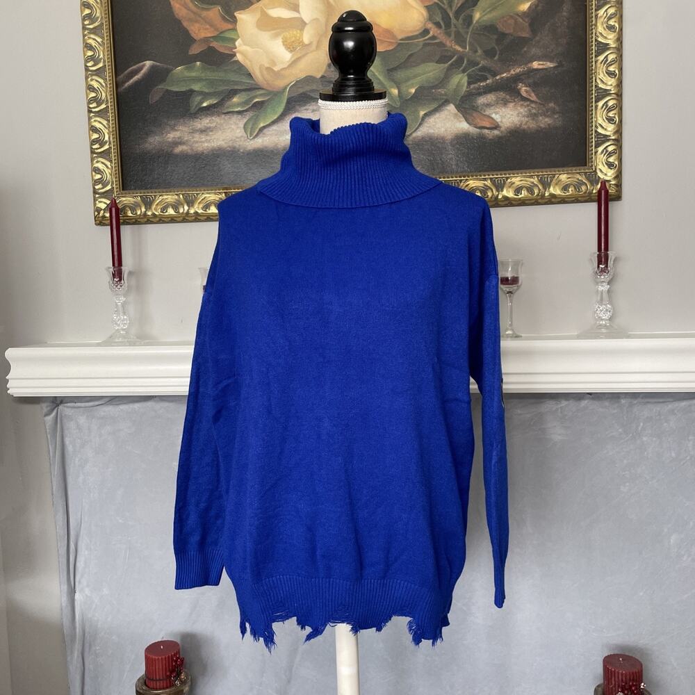 Venti6 Italy Turtleneck Sweater Distressed Hem Leopard Elbow Patches OSFM Large